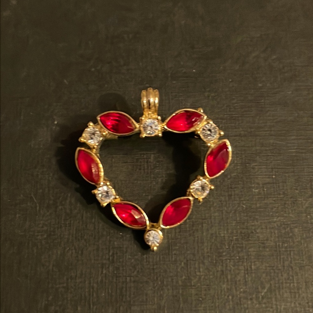 Garnet and Clear Crystal Red Heart Pin/Pendant in Gold Tone Base